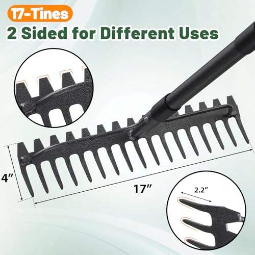 Garden Rake, 63 Inch Long Handle with 17 Tongs, Heavy Duty Metal Bow Rake for Loosening Leveling Soil, Garden Leaf Rake for Raking Leaves Grass , Weeding, Metal Yard Thatch Lawn Care Garden Tool - style: 63"