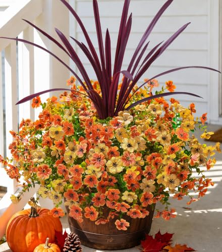 Fall Flowers Artificial Mums for Outdoors Autumn Decor, 12 Bundles Fake Fall Mums with 1 pcs Burgundy Orchid Leaf UV Resistant Realistic Faux Plants for Outside Home Porch Patio Planter, Orange Yellow - color: Orange Yellow