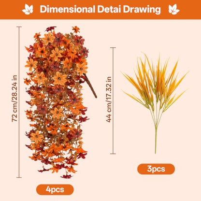 7PCS Artificial Fall Hanging Flowers for Outdoor, Six-Petaled Faux Mums - color: Orange