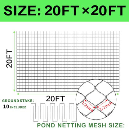 20x20ft Koi Pond Netting for Leaves, 1/2 in Mesh Netting Pond Cover Kit - size: 20FT*20FT