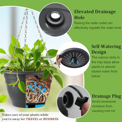 Hanging Planters 10 Inch, 4 Pack Self-Watering Hanging Baskets pots, Gray - color: Gray, size: 10 Inch-4P