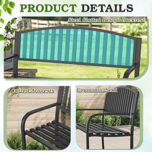 50" Outdoor Bench, Heavy-Duty Metal Frame Graden Bench, Weatherproof Patio Park Bench for Front Porch, Park, Yard, Patio - size: Rectangle