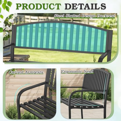 50" Outdoor Bench, Heavy-Duty Metal Frame Graden Bench, Weatherproof Patio Park Bench for Front Porch, Park, Yard, Patio - size: Rectangle