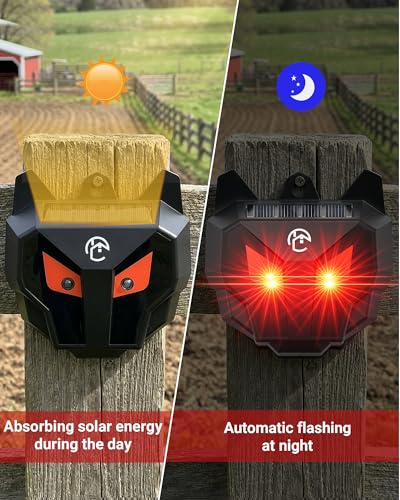 Solar Coyote Deterrent Predator Lights - Nocturnal Animal Repeller with Red LED Flashing Lights for Chicken Coop, Yard & Garden Protection Against Raccoons, Foxes, Deer, Skunks, Hawks