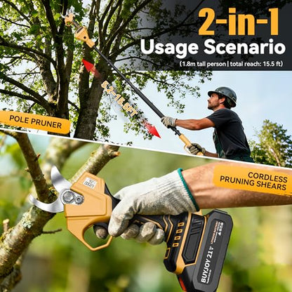 BUYJOY 2-in-1 Pole Pruning Shears, 1.6" Cut Diameter, Brushless Motor - color: Light Yellow