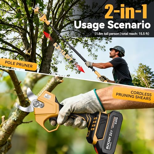 BUYJOY 2-in-1 Pole Pruning Shears, 1.6" Cut Diameter, Brushless Motor - color: Light Yellow