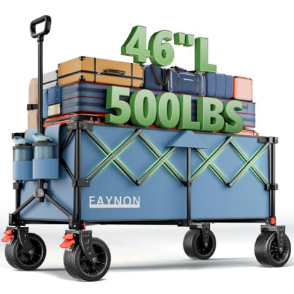 46" L Collapsible Foldable Extended Wagon, 500LB Weight Capacity with 280L Heavy Duty Folding Cart,Utility Wagon with All-Terrain Beach Wheel & Drink Holders,Light Blue - color: Light Blue