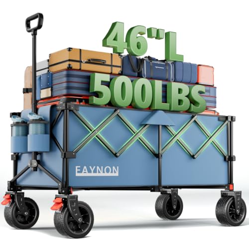 46" L Collapsible Foldable Extended Wagon, 500LB Weight Capacity with 280L Heavy Duty Folding Cart,Utility Wagon with All-Terrain Beach Wheel & Drink Holders,Light Blue - color: Light Blue
