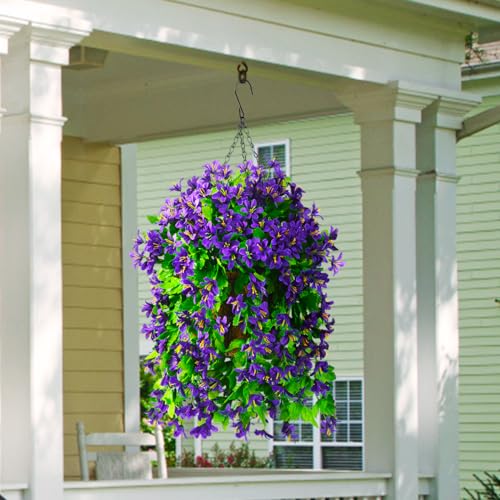INQCMY Fake Hanging Flowers with Basket Artificial Violet for Outdoor Porch - color: Purple