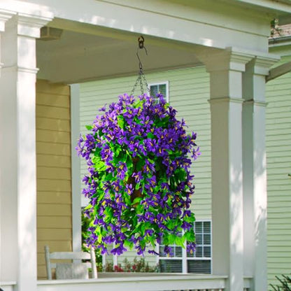 INQCMY Fake Hanging Flowers with Basket Artificial Violet for Outdoor Porch - color: Purple