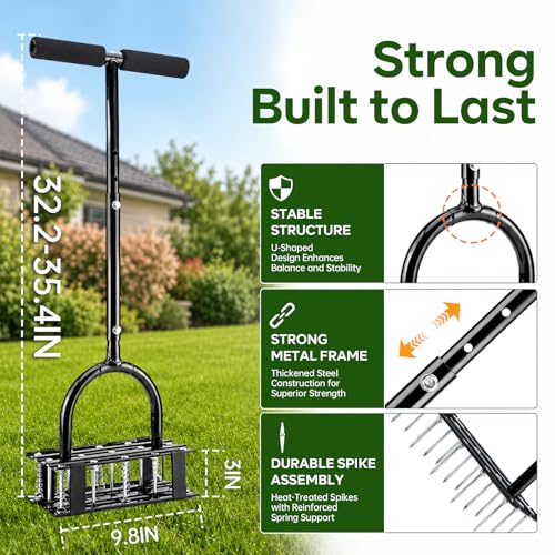 Lawn Aerator - 2-in-1 Manual Aerator with Automatic Dirt and Leaf Clean, Heavy-Duty Reinforced 15 Spikes & Ergonomic T-Handle for Lawn Maintenance, Garden Care, Yard Work (Black)