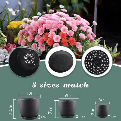 10/9/8 inch Plant Pots, 3 Pack Plastic Flower Pots Modern Flower Pots with Drainage Holes and Trays are for Indoor and Outdoor Plants, Herbs and Flowers,Black Speckles - color: Black