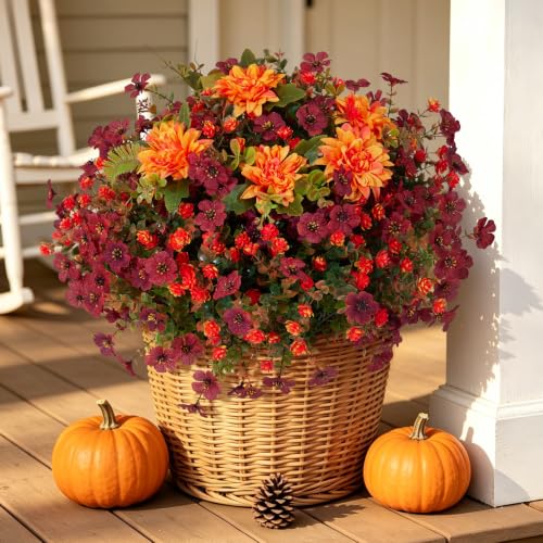 Hrobek Artificial Mums For Outdoor Planter Silk Fake Fall Flowers For Fall Decor,UV Resistant Realistic Faux Dahlia Boxwood for Patio Garden Back Yard Front Poch Home Decor (13 Bunches,3 Multi Colors) - color: 3 Color Mixed (1 Orange Dahlia,8 Brown Mums,4
