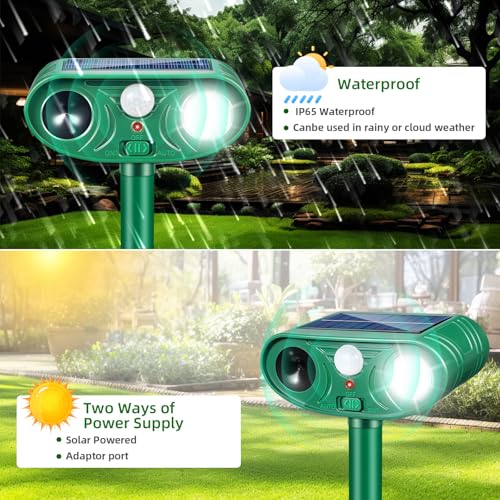 2026 Ultrasonic Solar Animal Repellent Outdoor, Deer Repellent Devices Cat Squirrel Rabbit Dog Raccoon Deterrent with Motion Sensor Flash Light for Yard Garden Lawn 2 Pack(Green)