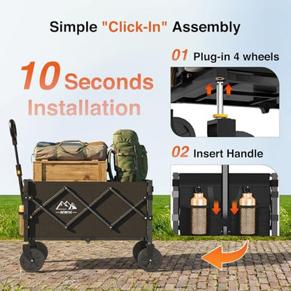 NWH Collapsible Wagon Cart with Wheels Foldable, 360LBS Large Capacity Portable Folding Utility Heavy Duty Beach Wagons Cart with All-Terrain Wheels for Groceries Shopping, Camping, Sports, Garden - size: 120L