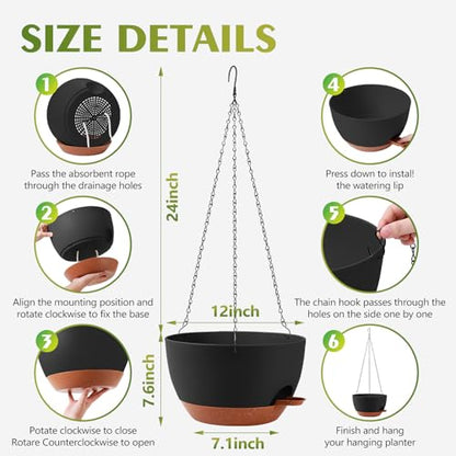 GARDIFE Hanging Planters, Self Watering, Black 12 Inch 2 Pack with Drainage - color: Black, size: 12 Inch