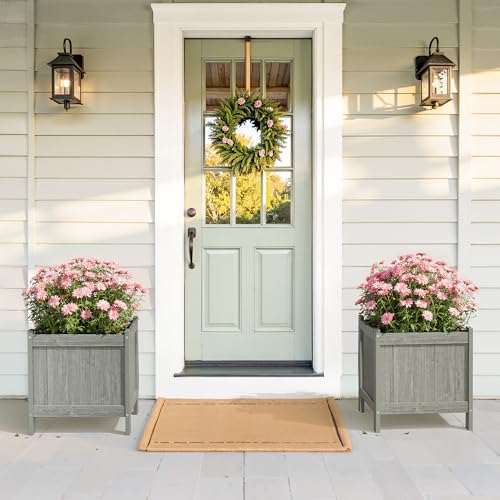 LUE BONA Outdoor Plant Pots Set of 2, 13.8" x 12.6" x 14.6" HDPS Flower Pots with Drainage Holes, Outdoor Planter Box for Outdoor Plants - Porch Patio, Garden or Entryway, Light Gray-Oil Printed - color: Light Gray-oil Printed