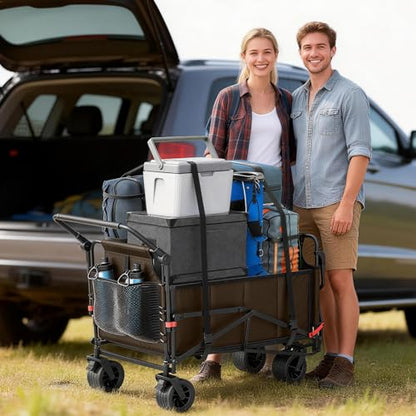 LEVELEVE Heavy Duty Folding Wagon - 2-in-1 Collapsible Cart, All-Terrain Wheels w/Brakes & Side Pockets (Brown, 650lb Capacity) - color: Brown, size: Large