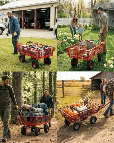 900 Lbs Heavy Duty Steel Garden Cart, Outdoor Metal Garden Wagon On Wheels, Utility Yard Cart with Mesh Removable Sides(Convert to Flatbed) and Removable Handle (to Wheel Barrow), Deep Red - color: Red