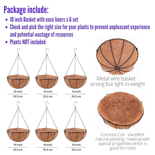 LaLaGreen Hanging Baskets for Plants (10 in, 6 Pack) Coco Liner Flower Pots - size: 10" x 6 Pack