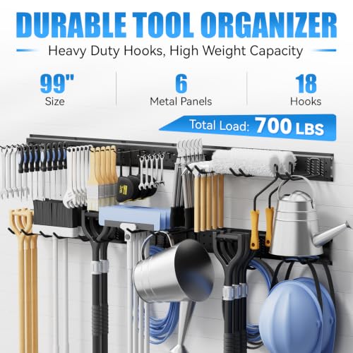 99" Garage Tool Organizer Wall Mounted, Heavy Duty Garage Wall Organizer with 18 Adjustable Hooks, Garden Tool Storage Rack, Holds Up to 700 lbs - size: 99 in/18 hooks