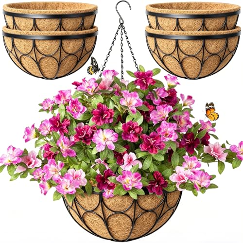 4 Pack 14 Inch Hanging Planters for Outdoor Plants，Large Wire Flower Hanging Basket with Coco Liners for Balconies, Patios, Porch, Terraces Decor - size: 14