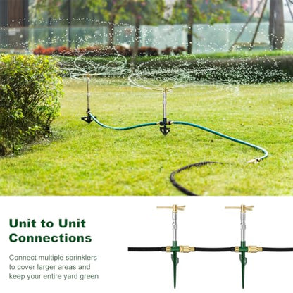 FANHAO 2 Pack Metal Lawn Sprinklers with Adjustable Telescoping Base, 3-Arm Water Sprinkler 360 Degree Rotation High-Rise Sprinkler for Large Area Coverage, Garden Watering Irrigation Sprinkler System