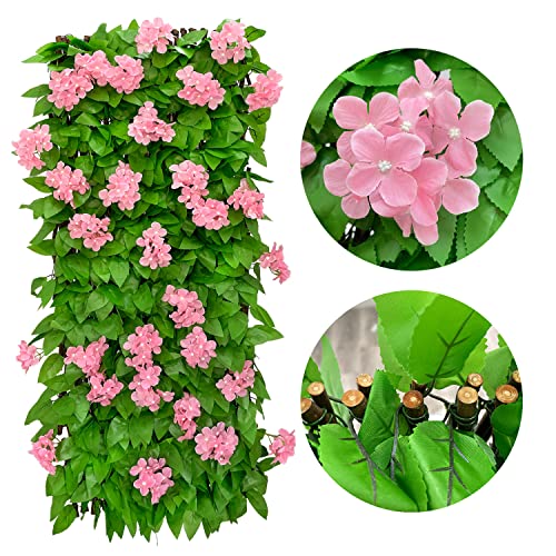 86 York Expandable Fence Privacy Screen Faux Ivy Decorative for Outdoor Garden Wall Patio Balcony, Artificial Hedge Lattice Fencing(Single Sided Leaves) (4, Hydrangea-Pink) - color: Pink