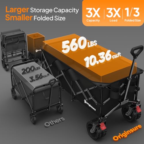 Originsure 300L Beach Wagons Carts Foldable with Big Wheels, 560lbs, Black - color: Black