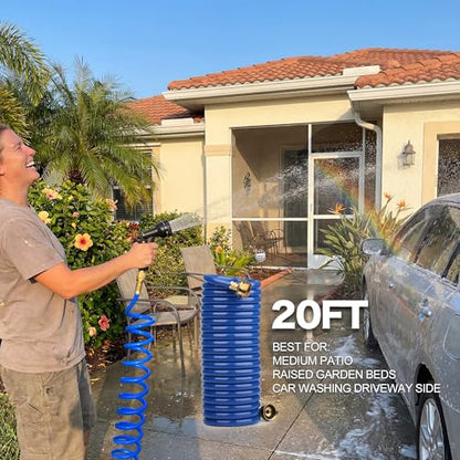 20FT EVA Coil Water Hose, 1/2 in Blue Hose, Brass GHT Connectors - size: 20FT