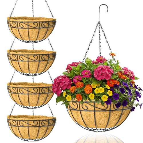 4 Pack 12 Inch Metal Hanging Planter Basket Natural Round Coconut Hanging Plant Flower Pot Coconut Coir Planter for Flowers Vegetables Home Garden Patio Decoration Flower （Lace Patterns） - color: Lacework
