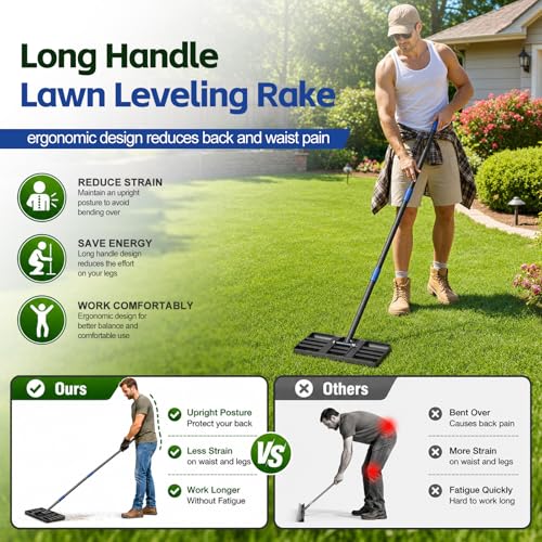 Lawn Leveling Rake,Long Handle Rakes for Lawns Heavy Duty Lawn Leveler Tool for Soil Compost Sand Landscape Rake for Yard Garden Golf Course 17"x10"
