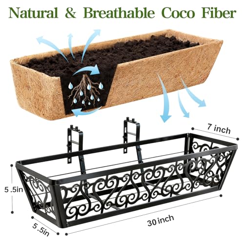 4 Pack 30 Inch Deck Railing Planter Box - Window Boxes Planters with Adjustable Brackets Coco Liners Balcony Planters Railing Hanging for Window Flower Boxes Outdoor Garden Decor - size: 30 Inch