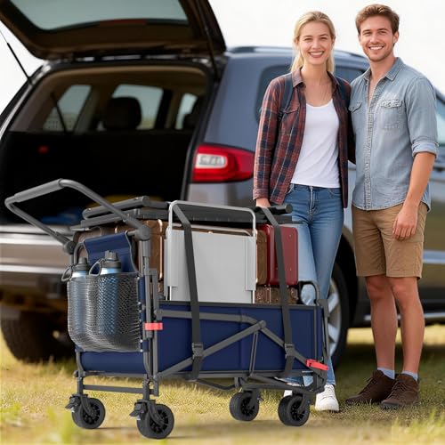 LEVELEVE Heavy Duty Folding Wagon - 2-in-1 Collapsible Cart, All-Terrain Wheels w/Brakes & Side Pockets (Blue, 400lb Capacity) - color: Blue, size: Medium