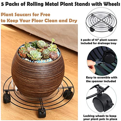5-Pack Metal Plant Caddy 11.8" Dolly with Wheels - Heavy-duty Wrought Iron Rolling Plant Stand with Casters for Indoor and Outdoor Use - Black, Plastic Saucers Included - color: Balck