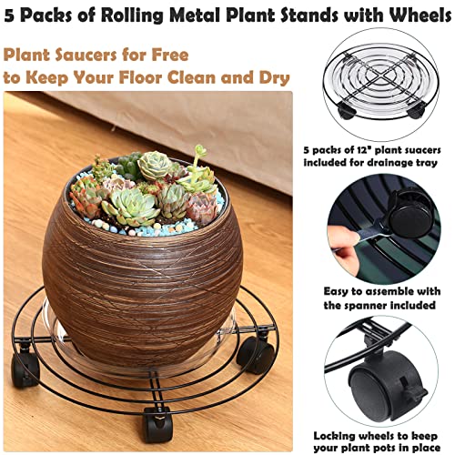 5-Pack Metal Plant Caddy 11.8" Dolly with Wheels - Heavy-duty Wrought Iron Rolling Plant Stand with Casters for Indoor and Outdoor Use - Black, Plastic Saucers Included - color: Balck