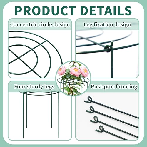 4 Sets Peony Support Cage,18"Diax24"High Heavy Duty Metal Plant Support,Grow Through Hoops Grids with 4 Thickened 6mm Legs,Strong Support Brace for Heavy Blossoms,Flower Support Ring for Peonies,Rose - size: 18"X24"-4PCS