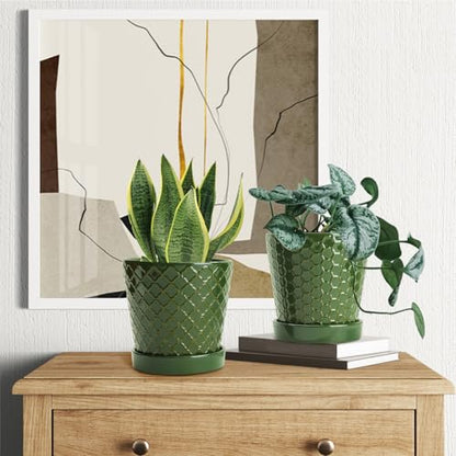 EFISPSS Ceramic Plant Pots, 5 Inch Planters with Drainage Holes and Ceramic Tray, Relief Design Flower Planter, Desktop Office Windowsill Decoration Gift Set of 4 - Blackish Green - color: Blackish Green