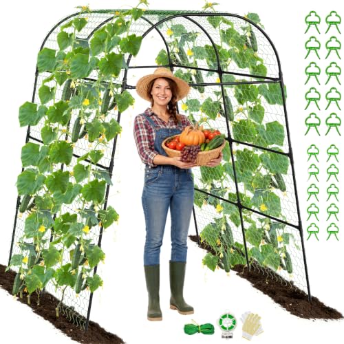 Heavy Duty Garden Arch Trellis for Climbing Plants, 20mm Thick Rustproof Metal Frame, Easy Assembly No Tools, 7.2ft Tall Vine Support with Netting & Gloves for Cucumbers Beans Roses