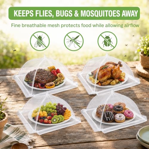 Food Cover,4 Pack Mesh Food Tent,14"x14",White Nylon Covers,Pop-Up Umbrella Screen Tents,Patio Net for Outdoor Camping, Picnics, Parties,BBQ,Collapsible and Reusable - color: 4*14inch