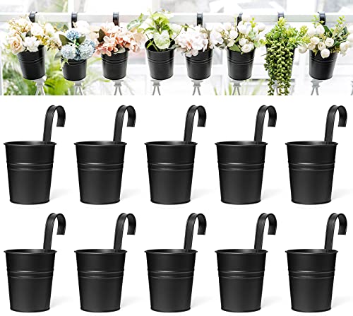 Dahey 3.8 Inches Small Metal Hanging Flower Pots 10 Pcs Railing Planter Box - color: Black, size: 4 inches