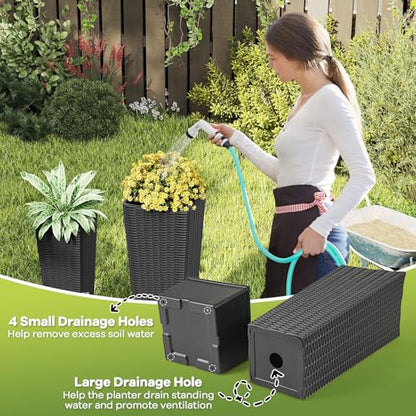 HAPPYGRILL Rattan Tall Planter Set of 2 with Removable Inner Trays - color: Black