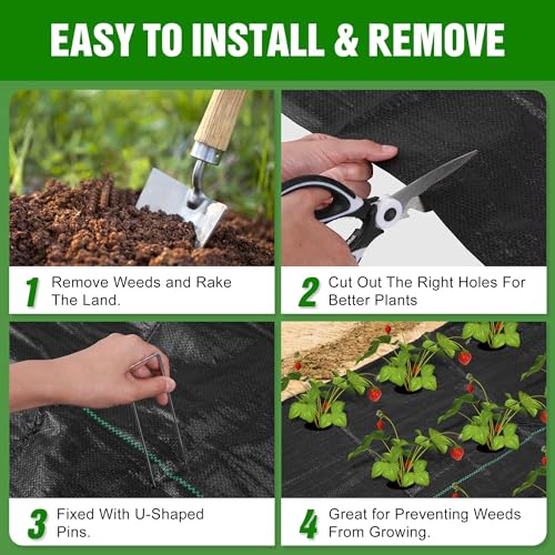 2FT x 100FT Weed Barrier Landscape Fabric Heavy Duty, 3.2oz Premium Gardening Weed Control Mat with 10 U-Shaped Securing Pegs, Ground Cover for Garden Beds, Farming, Underlayment, Commercial Driveway - size: 3.2OZ-2X100FT