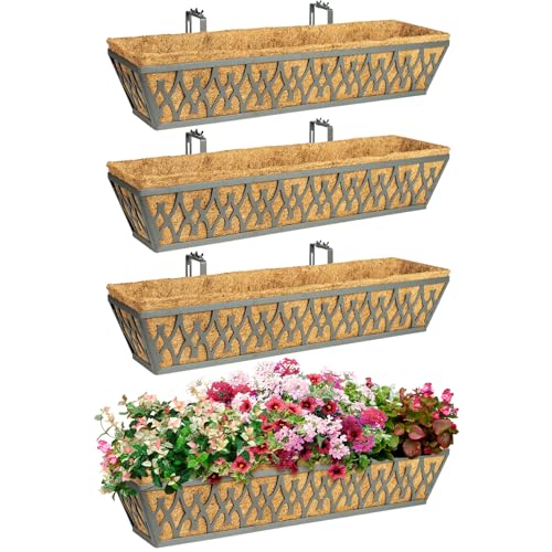 4 Pack 30 Inch Window Boxes Planters Railing Planter Box with Adjustable Brackets for Porch Fence Patio Balcony Hanging Flower Baskets with Coco Liners for Outdoor Garden Decor - Dark Grey - color: Gray, size: 30 Inch - 4 Pack