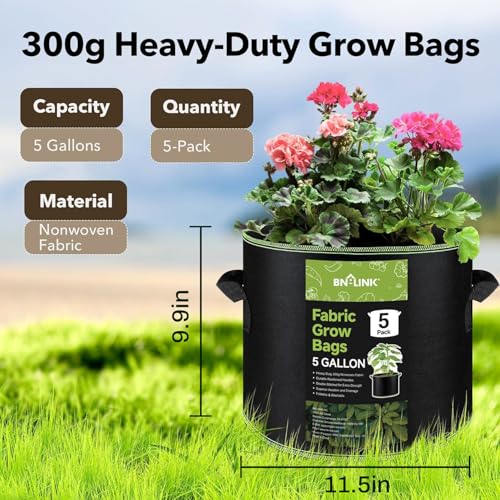 BN-LINK 5-Pack 5 Gallon Grow Bags, Heavy Duty Aeration Fabric Pots with Handles, Thickened Nonwoven Plant Bags for Vegetables, Flowers, Fruits - size: 5 Gallon 5 Pack