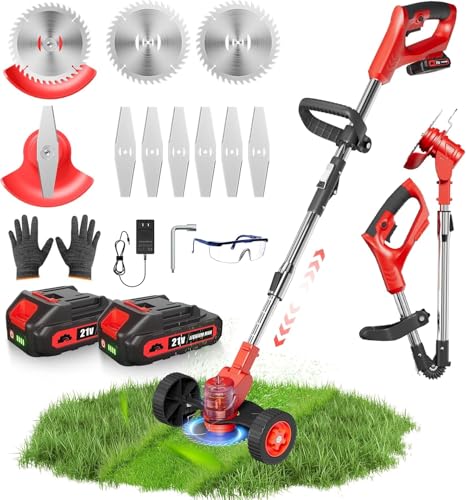Weed Wacker with Wheels, Cordless Grass String Trimmer, Electric Weed Eater with 2 x 21V Batteries and Charger, Powerful Edger Lawn Tool, Lightweight Brush Cutter for Yard Lawns