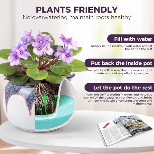 BUYMAX Self Watering Ceramic African Violet Pot Keep The Soil Moist - color: White-red