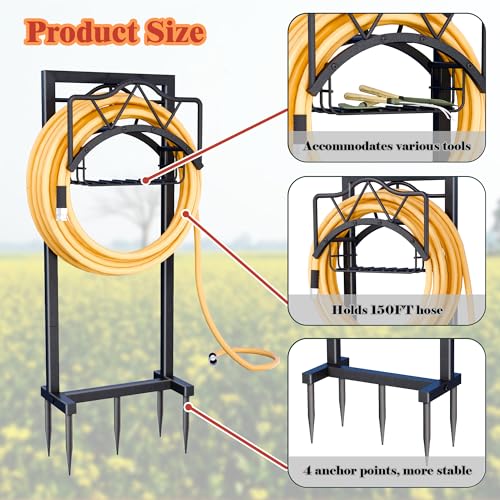 Garden Hose Holders for Outside - Water Hose Holder Freestanding,Metal Hose Stand with 5 Spikers,Hose Hanger with basket,Outdoor Garden Hose Reel Heavy duty,Holds 150-feet Hose,Black