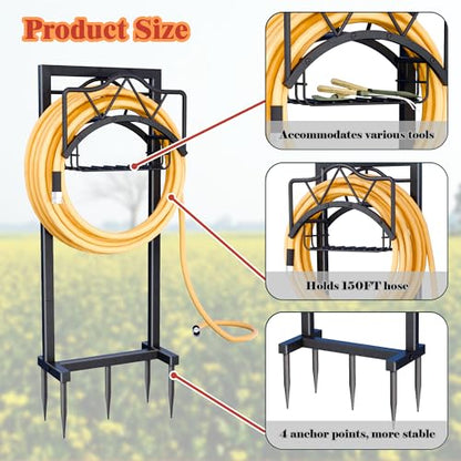 Garden Hose Holders for Outside - Water Hose Holder Freestanding,Metal Hose Stand with 5 Spikers,Hose Hanger with basket,Outdoor Garden Hose Reel Heavy duty,Holds 150-feet Hose,Black