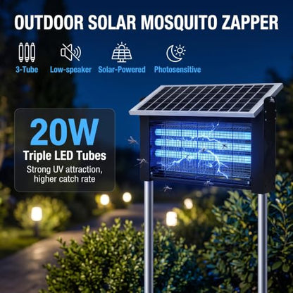 Solar Bug Zapper Outdoor, Solar Powered Bug Zapper with 20W Adjustable Solar Panel, 3×365nm UV Tubes, 4500V Electric Insect Trap,10000mAh Rechargeable, IPX5 Waterproof for Patio Garden Camping Farm - size: 20w with 3 UV lights